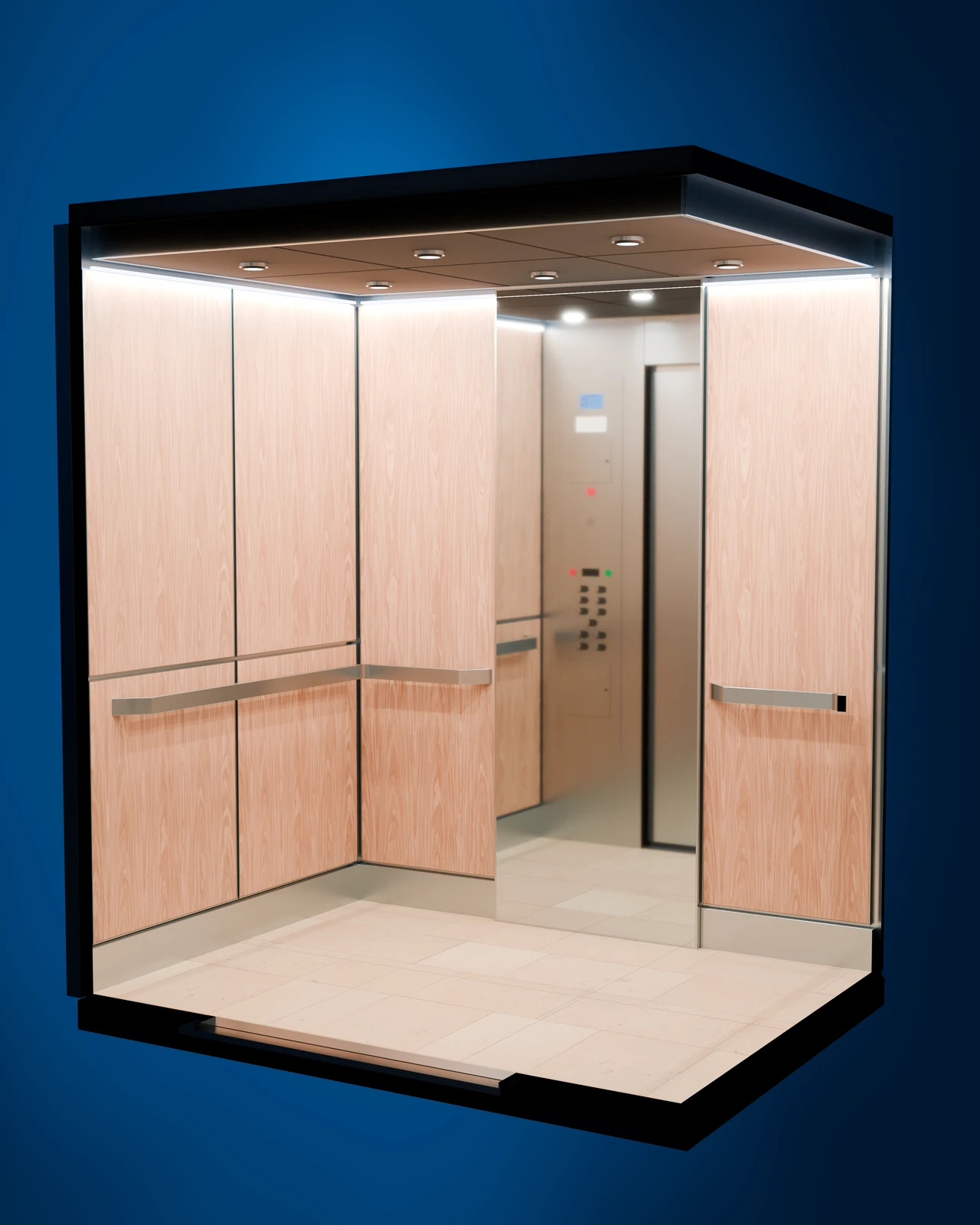 Concept elevator interior with warm oak panels, a rear mirror, stainless handrails and an ivory tiled floor.