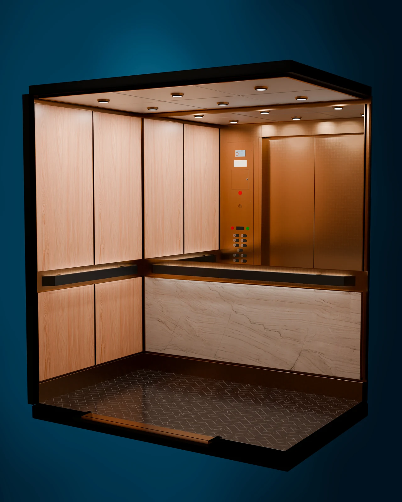 Wood and stone elevator interior concept.